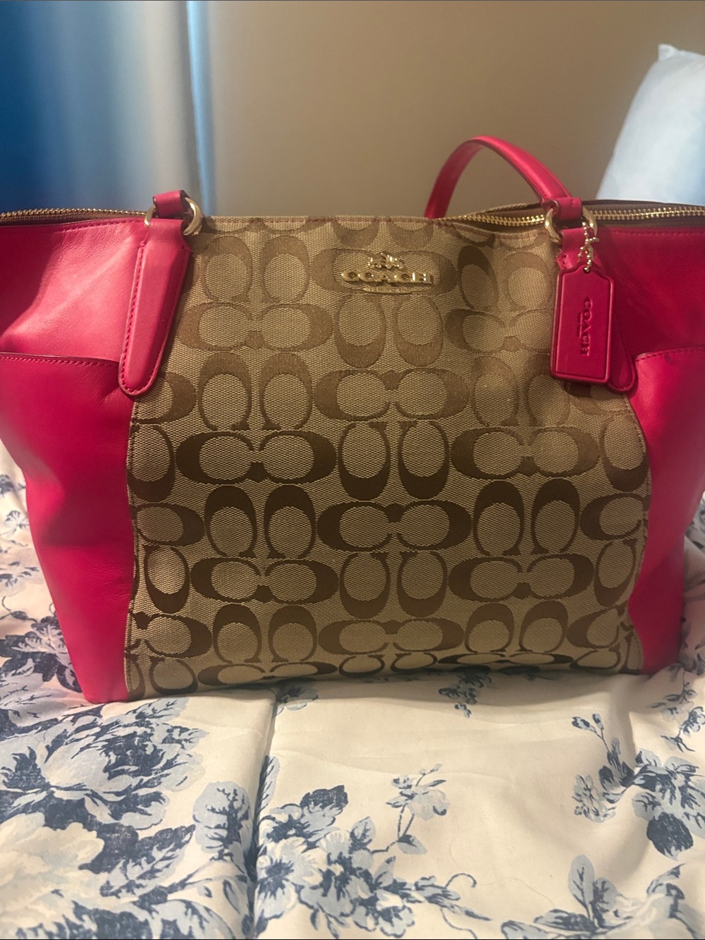 Coach Brown Signature Canvas Tote with Pink Leather Accents